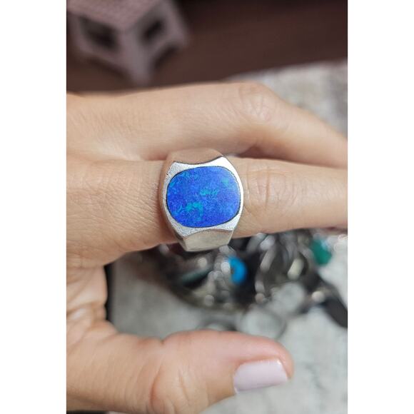 Vintage Sterling Silver Azurite Signet Ring Modernist Mexico 1970s - Picture 2 of 5
